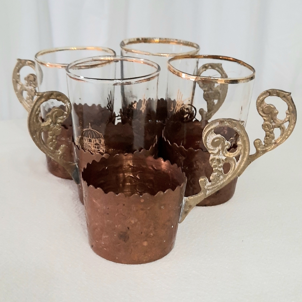 Elegant Copper and Gold Glass Set Gold Gilt Details